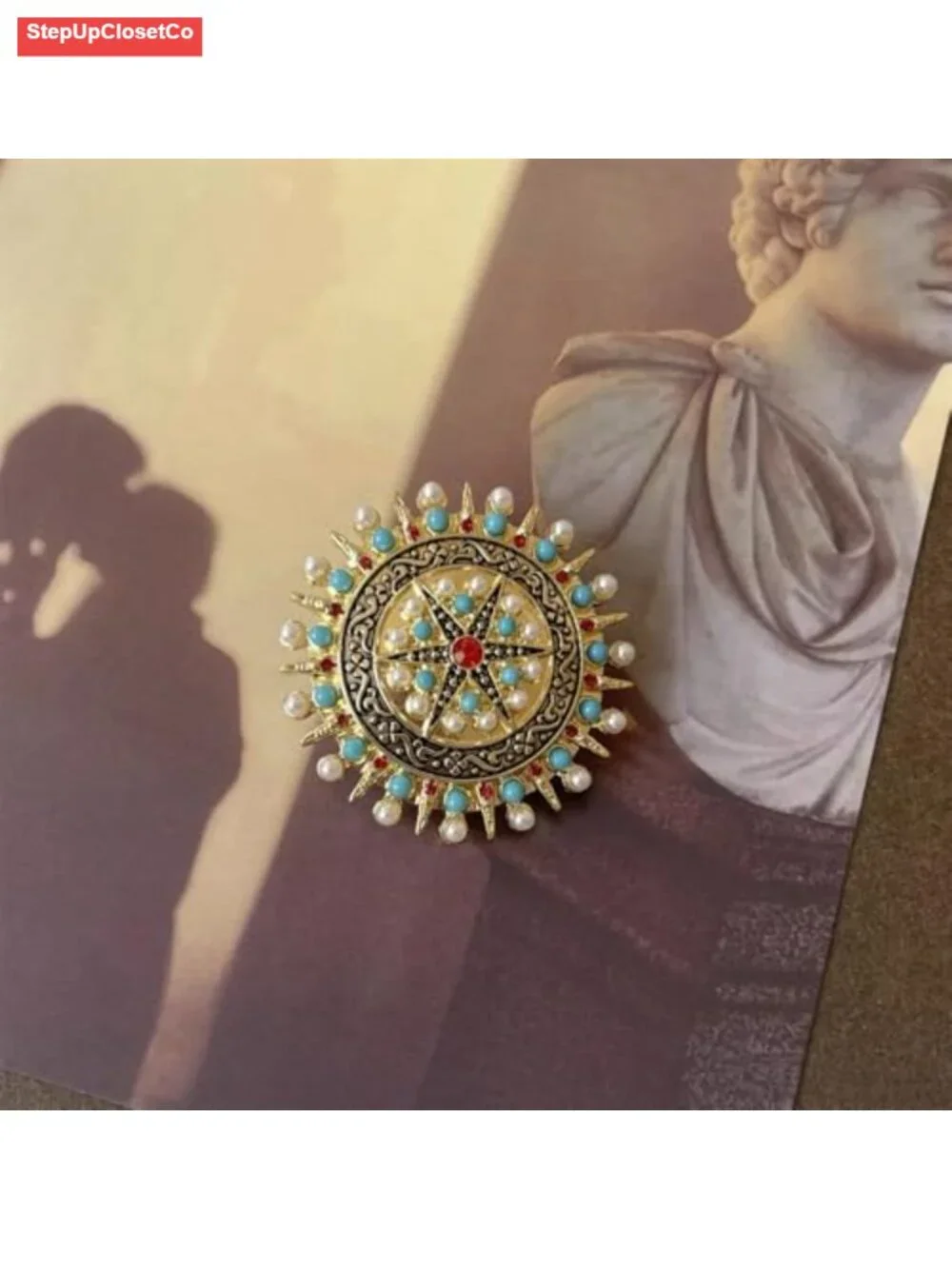 Vintage CZ Crystal Star Disc Brooch Pin Alloy Turquoise Pearl Sweater Scarf